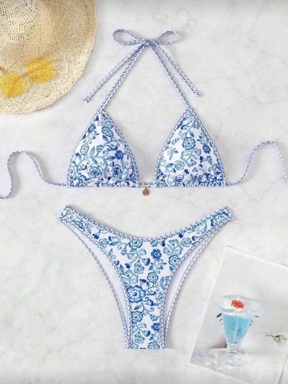 Blue & White Floral Triangle Bikini Set. 👙